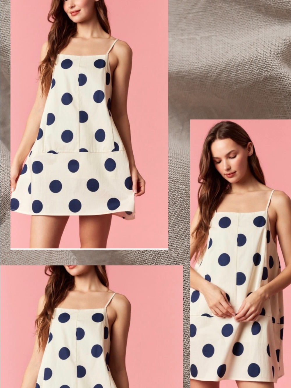Peach Love California Cream Slip Dress with Navy Polka Dots